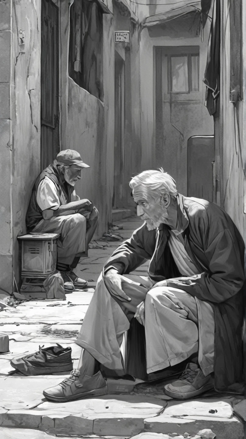 Black and white image, young adult intrigued approaches an old homeless man who is sitting on the ground, in a poor neighborhood