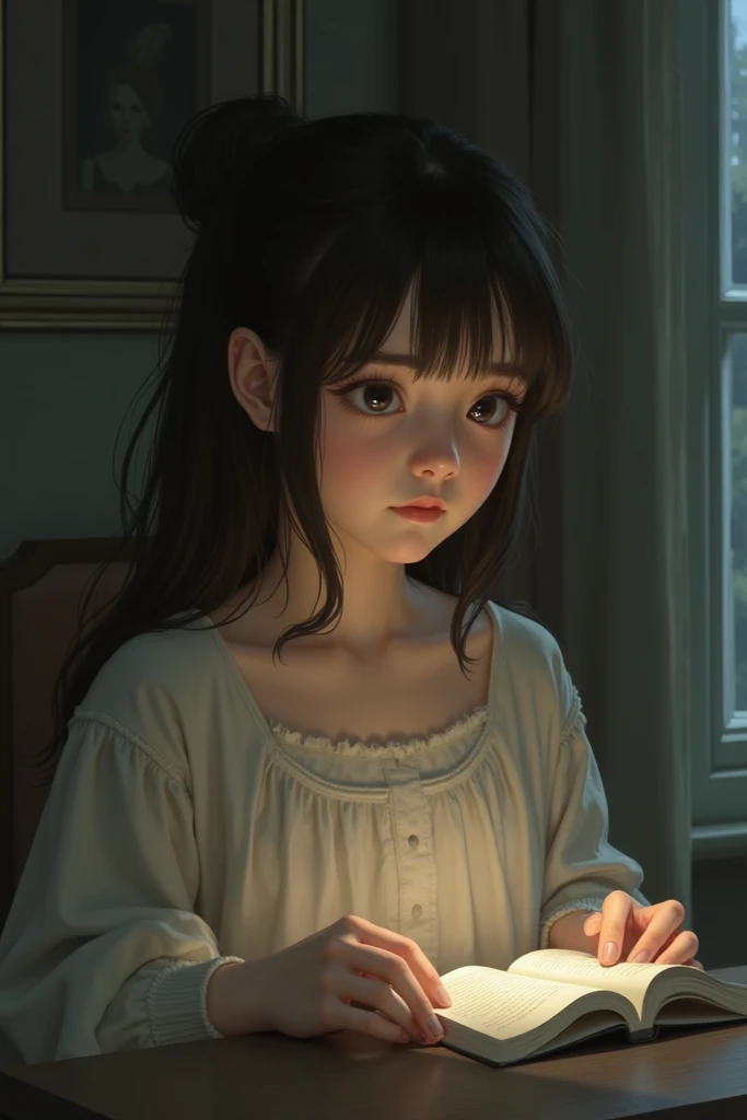Green-eyed 5-year-old girl wearing the clothing of one of the Ten Virgins with the lamp lit in the age of Christ praying from the front