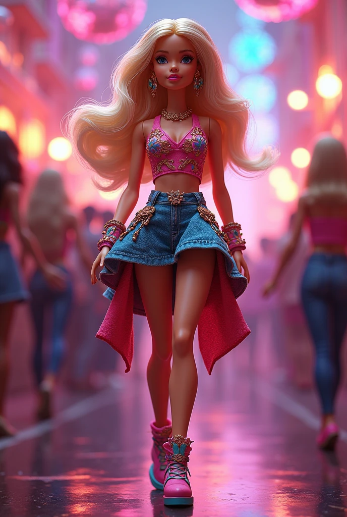 analog style, woman, (thepit bimbo:1.0)), blue eyes, white crop top with text, hoop earrings, detailed, skin texture, back-length hair, blonde hair, beestung lips, full body perspective, platform heels, collar, red jacket, centered, tan skin, looking at viewer, kneesocks, 8k, highly detailed, glossy, [Nina Dobrev|Emma Stone], symmetric, realistic, photo-realistic, cleavage focus, pout, jeans shorts, bracelet, studio lights, wide hips, glowing colors, glowing skin, loli, small breasts