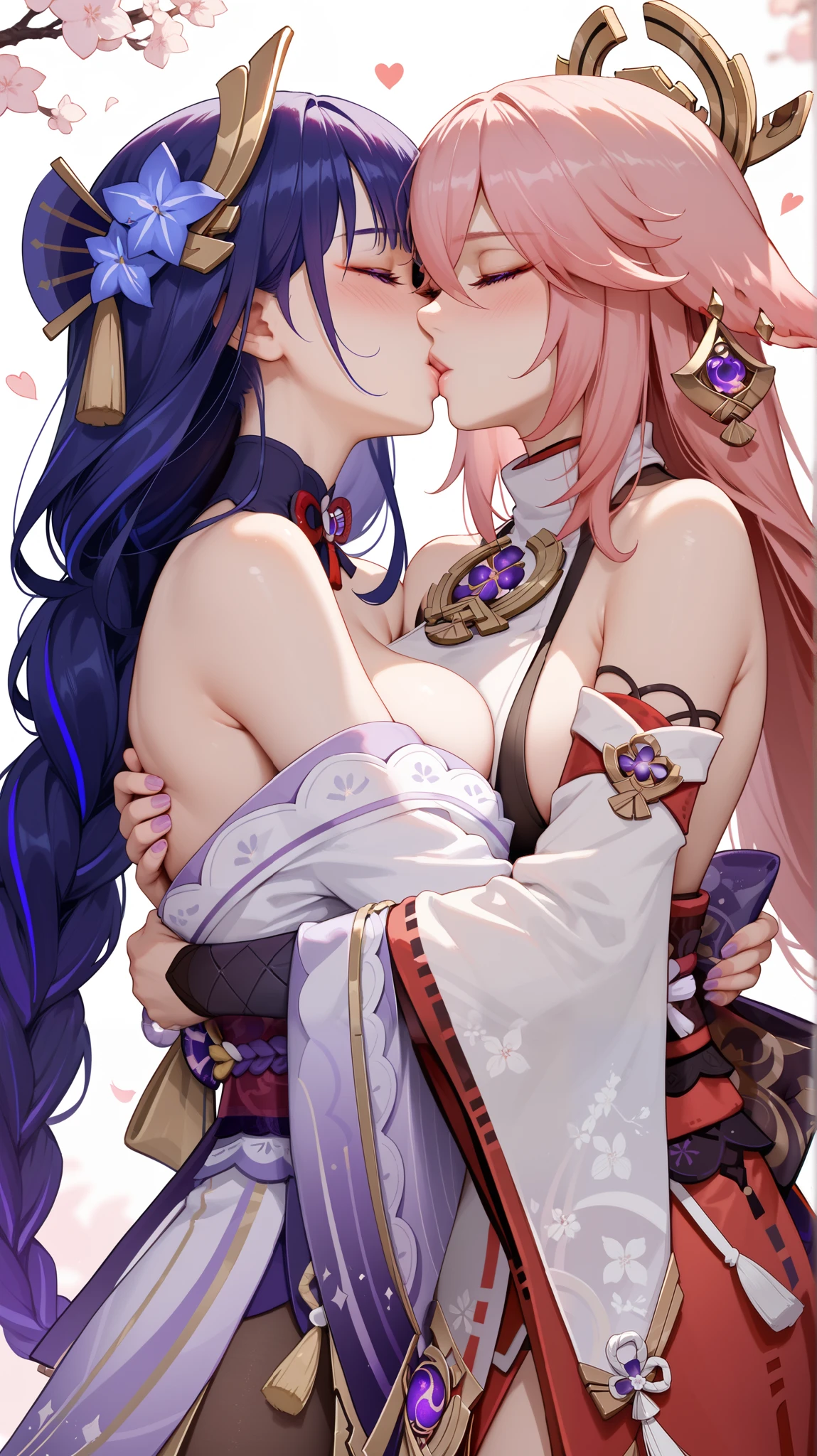 2 girls, yae miko \(genshin impact\), kiss, raiden shogun \(genshin impact\), breasts, blush, hug