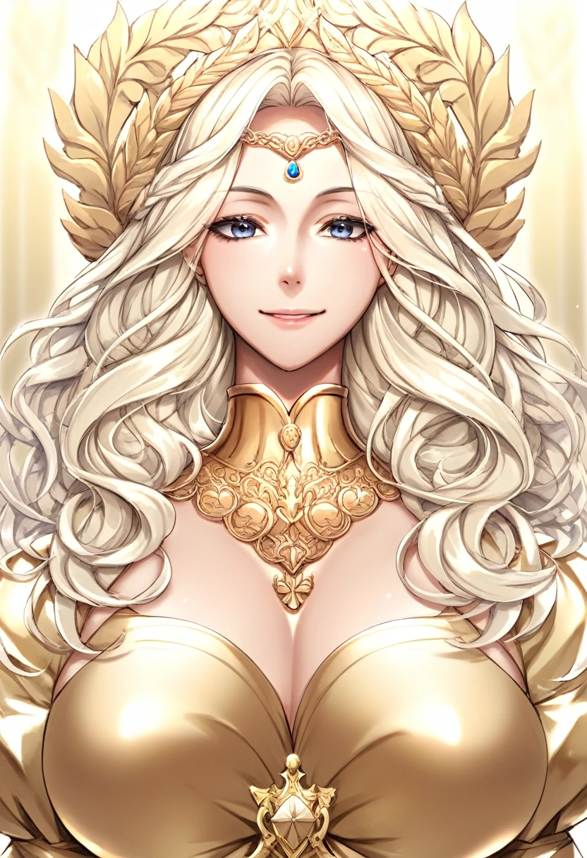 score_9, score_8_up, score_7_up, uncensored, source_anime, 1girl, solo, smile, gold dress, looking at viewer, portrait, upper body, gorgeous, royal, divine, goddess, saint, (royal palace), huge breast, fluffy hair, platinum-blonde hair, puffy sleeves, 