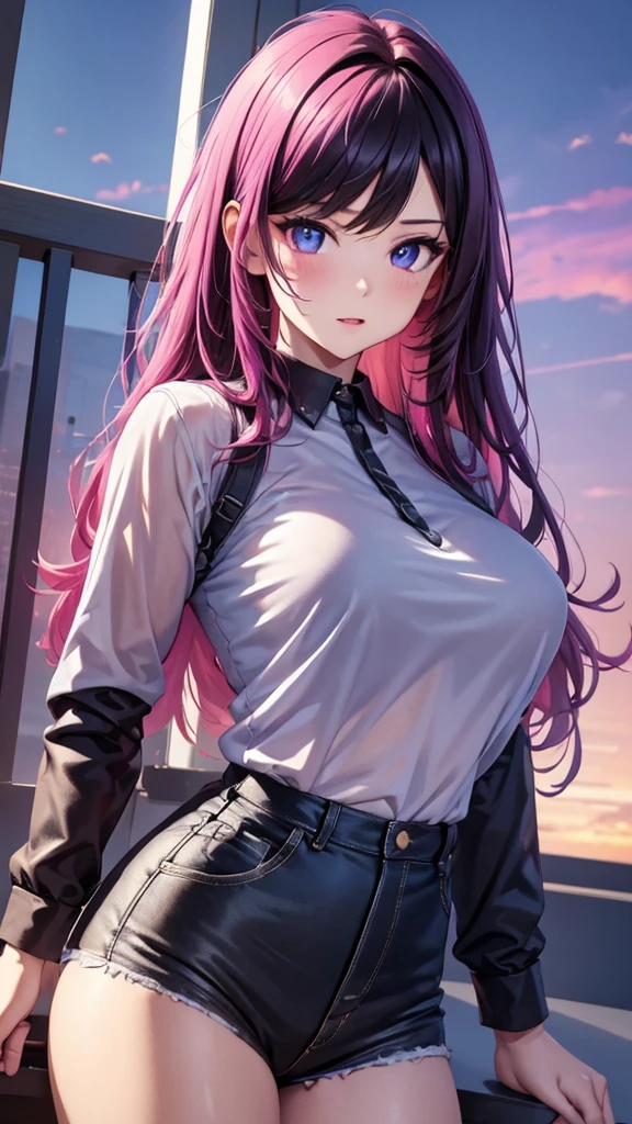 1 Girl, Colorful themes, Synthwave Sky,( Quality Best ,  high quality,  High Resolution ),  actual , Super Fine,  Highly Detailed Facial Features ,  ridiculous results ,   actual  lighting and reflections,  Highly Detailed Facial Features , See-through shirt, Best Photo, high quality illustration