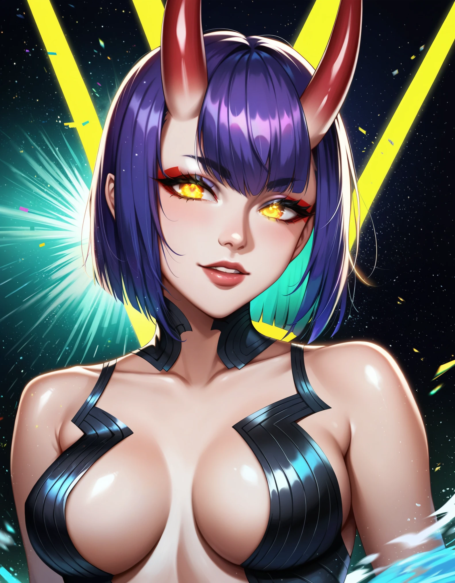 score_9,score_8_up,score_7_up, rating_safe, glitch, d1splaygl1tchl1nes, a glowing (triangle:1.1), 1girl, shuten douji \(fate\), cyborg, breasts, contrapposto, shiny, glamour, makeup, glossy, glowing eyes, anamorphic, head tilt, science fiction, head tilt, geometric, cyberpunk style (black background:0.8), particles, dust, lines, [:horns:0.4],violet hair,bangs,hair between eyes