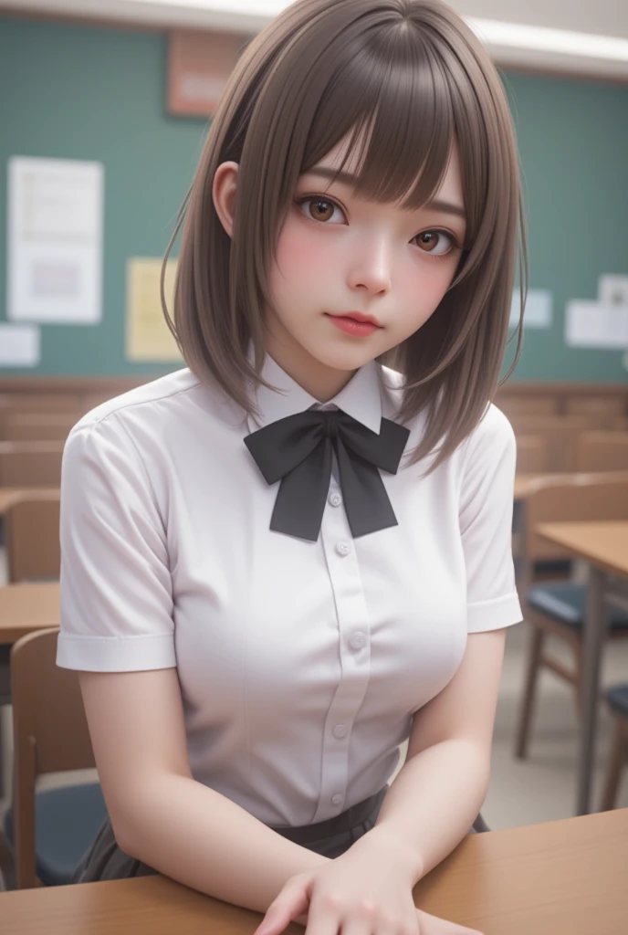 , solo girl,  short-hair, looking at viewer, brown hair, shirt, bow, brown eyes, sitting, white shirt, short sleeves, skirt, indoors, bowtie, lips, black bow, chair, table, black bowtie, realistic, classroom ,high_resolution , 8k