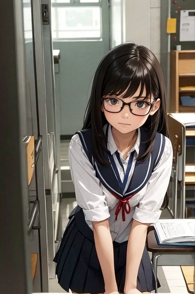 This picture shows a girl wearing glasses,  1 girl, Alone, School, 