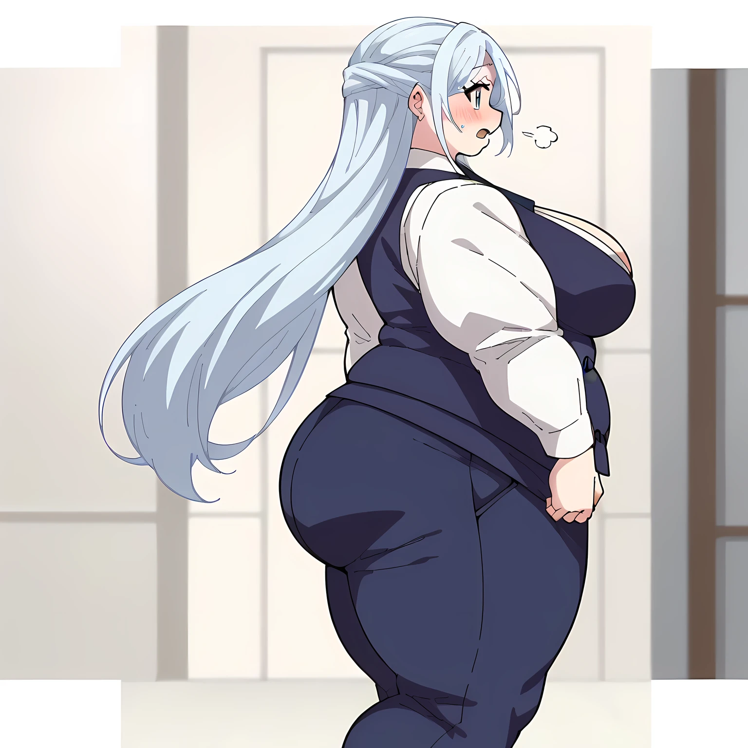 sylpha, long_hair, 1girl, blue_eyes, blue_hair, solo, blush, large_breasts,  vest, white_shirt,, score_9, score_8_up, score_7_up, , anime coloring ,BREAK source_anime, anime fat, chubby, obese, gigantic arms and legs, large breasts open mouth, out of breath, walking, from side, huge ass