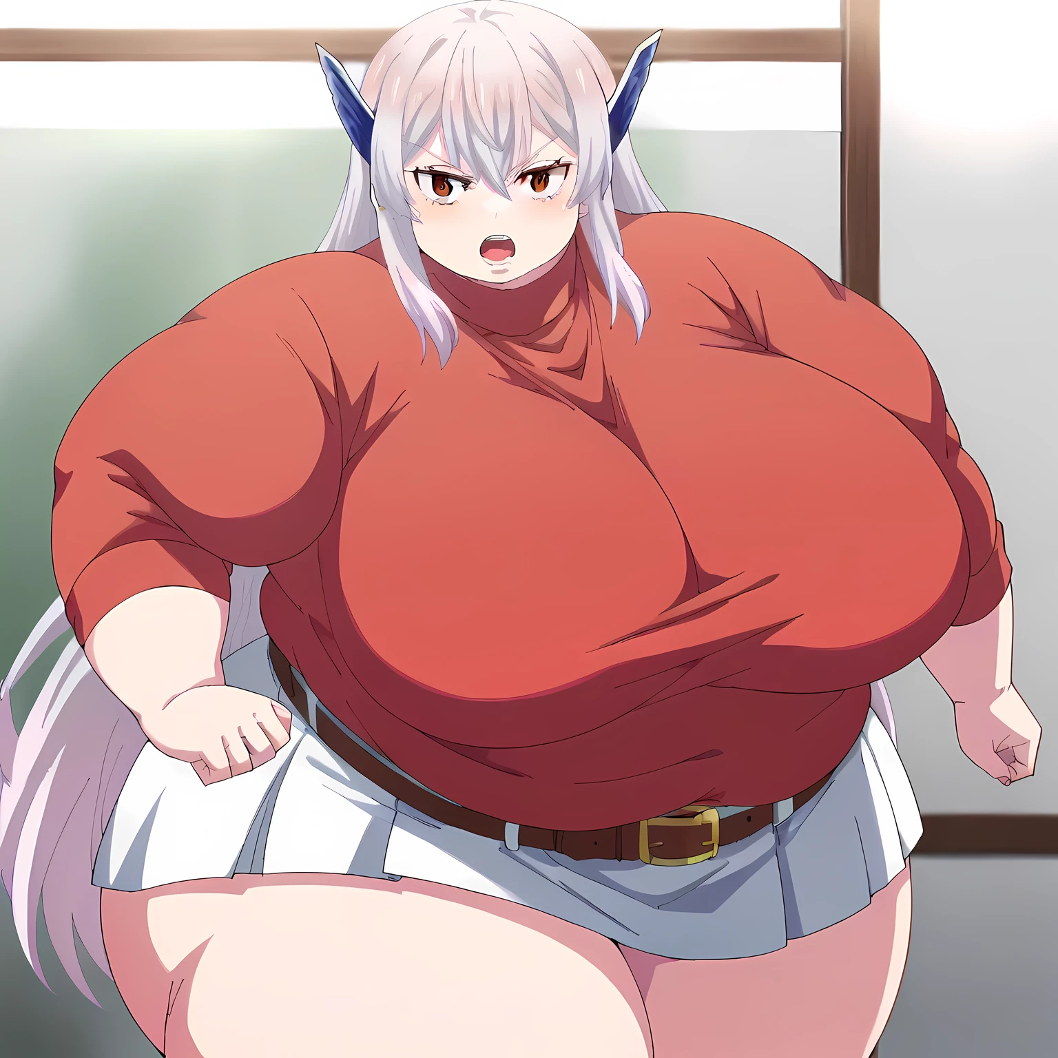 kyouka uzen, long_hair, 1girl, solo, white_hair, red_eyes, hair_between_eyes, large_breasts,   looking at viewer, belt, white_skirt, red_shirt, sweater,score_9, score_8_up, score_7_up, score_6_up, score_5_up, score_4_up ,BREAK source_anime, anime fat, chubby, obese, gigantic arms and legs, large breasts open mouth, out of breath