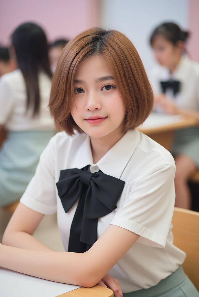 , solo girl,  short-hair, looking at viewer, brown hair, shirt, bow, brown eyes, sitting, white shirt, short sleeves, skirt, indoors, bowtie, lips, black bow, chair, table, black bowtie, realistic, classroom ,high_resolution , 8k