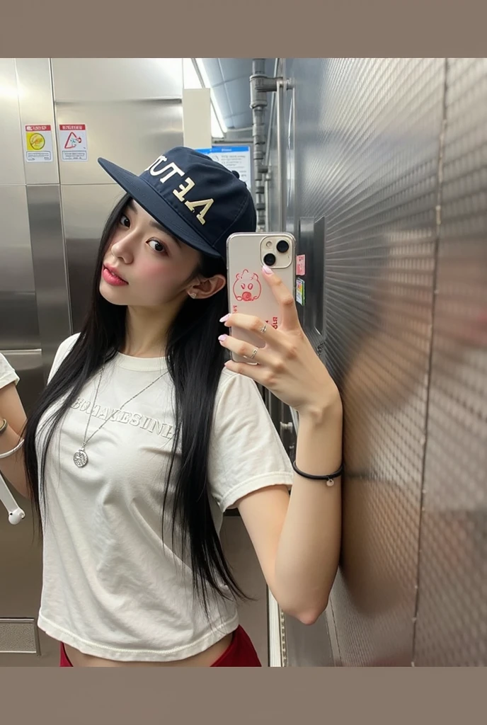 1 girl, solo, phone, shorts, cell phone, long hair, denim, brunet, iphone, midriff, navel, selfie, denim shorts, shorts, holding the phone, torn clothes, truncated, reality, holding, brown eyes, white shirt, crop top shirt, looking at the audience, shallow smile, real photo, HD texture,