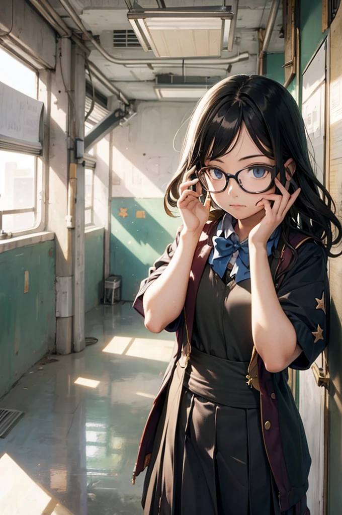 This picture shows a girl wearing glasses,  1 girl, Alone, School, 