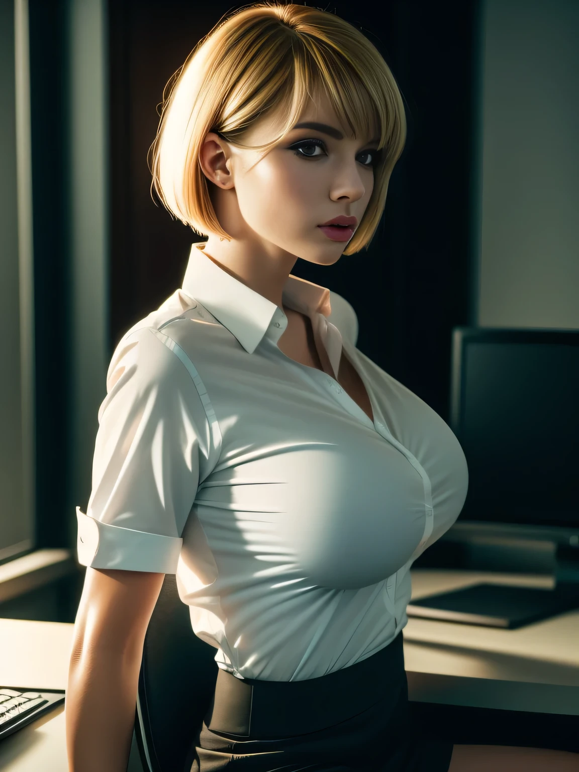 Tight-fitting business shirt, Short sleeves, Tight-fitting skirt, (Shirt tucked into skirt:1.3), In a dimly lit office late at night, Desk, Computer light on the desk, Sitting on desk chair,
4K Quality, (High Resolution:1.3), (Realistic photo:1.3), (Raw photo:1.1), (Extremely detailed photo), Absolute masterpiece,
(From side:1.3), (Looking at the viewer:1.3), Standing, She's intimidating,
(Big breasts:1.2), (Lip make-up), Glossy skin, Blond, Bangs, Short wavy bob, Ultra beautiful girl