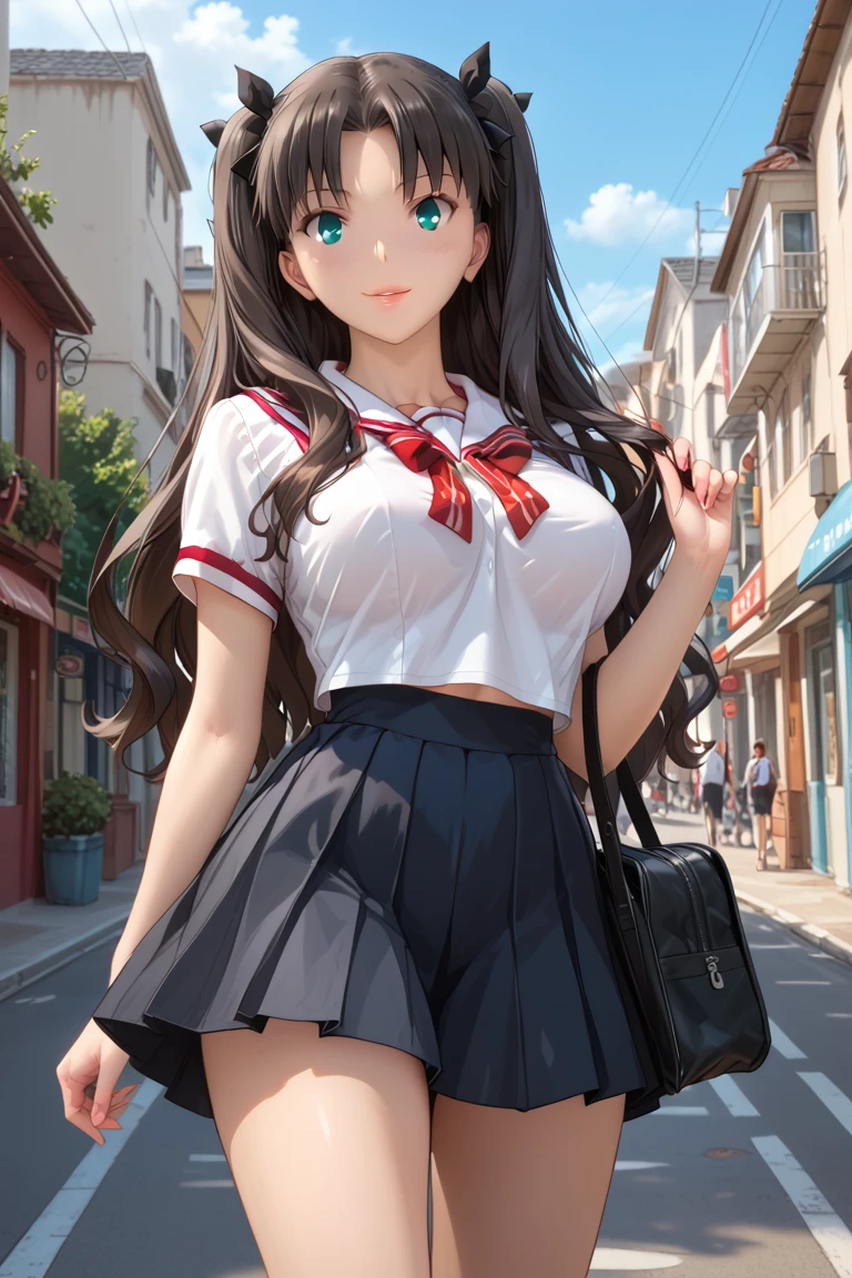 masterpiece, best quality, high quality, ultra_detailed:1.2), ( highly detailed, 1girl, solo,ultra high resolution, realistic, perfect face, detailed eyes, highly detailed body anatomy,intricate, intricate detailed, hourglass body), blush, smile,  Cute Girl, beautiful girl, pretty face, perfect anatomy, Beautiful female body, beautiful eyes,(narrow waist, big hips, large breasts, Cute Face, beautiful lips, pinky lips, Shiny),Best Quality, High Resolution, HD, Super Detailed,black hair, (RIN TOHSAKA, AQUA EYES, BLACK HAIR, LONG HAIR, RIBBON, SIDELOCKS,PARTED BANGS, rin tohsaka) wearing white sailor school uniform with blue pleated , red ribbon on chest and Black pleated skirt, walking in street while holding her school bag in right shoulder, from below shot,