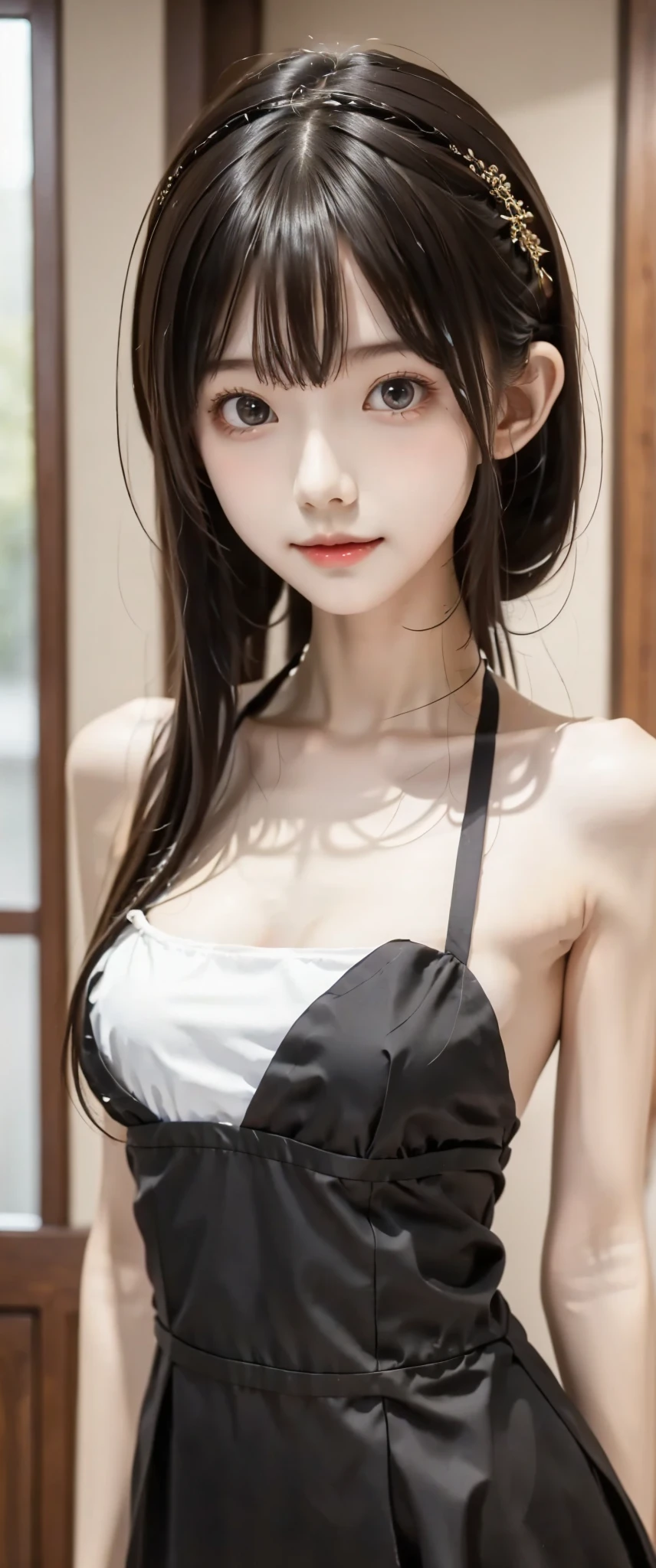 Maid,cute pretty girl,masterpiece,high definition,4k,8k,16k,odango hairstyle,black hair,slender body