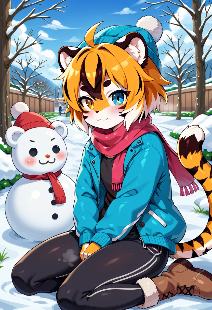 masterpiece, high resolution, best quality, (furry tiger girl, baby body, baby height, flat chest, animal face, animal skin, animal fur, tiger ears, tiger tail), heterochromia, multicolored hair, short hair, piercing, makeup, tattoo, warm hat, warm jacket, sweater, scarf, warm pants, warm boots, sitting making a snowman, park, winter, steam