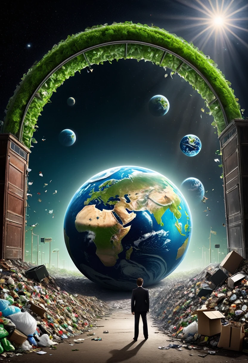  a scenario like the planet as the main actor about to enter the theater where the greenhouse effect is located, The , A human, garbage, And on the stage there is no public 