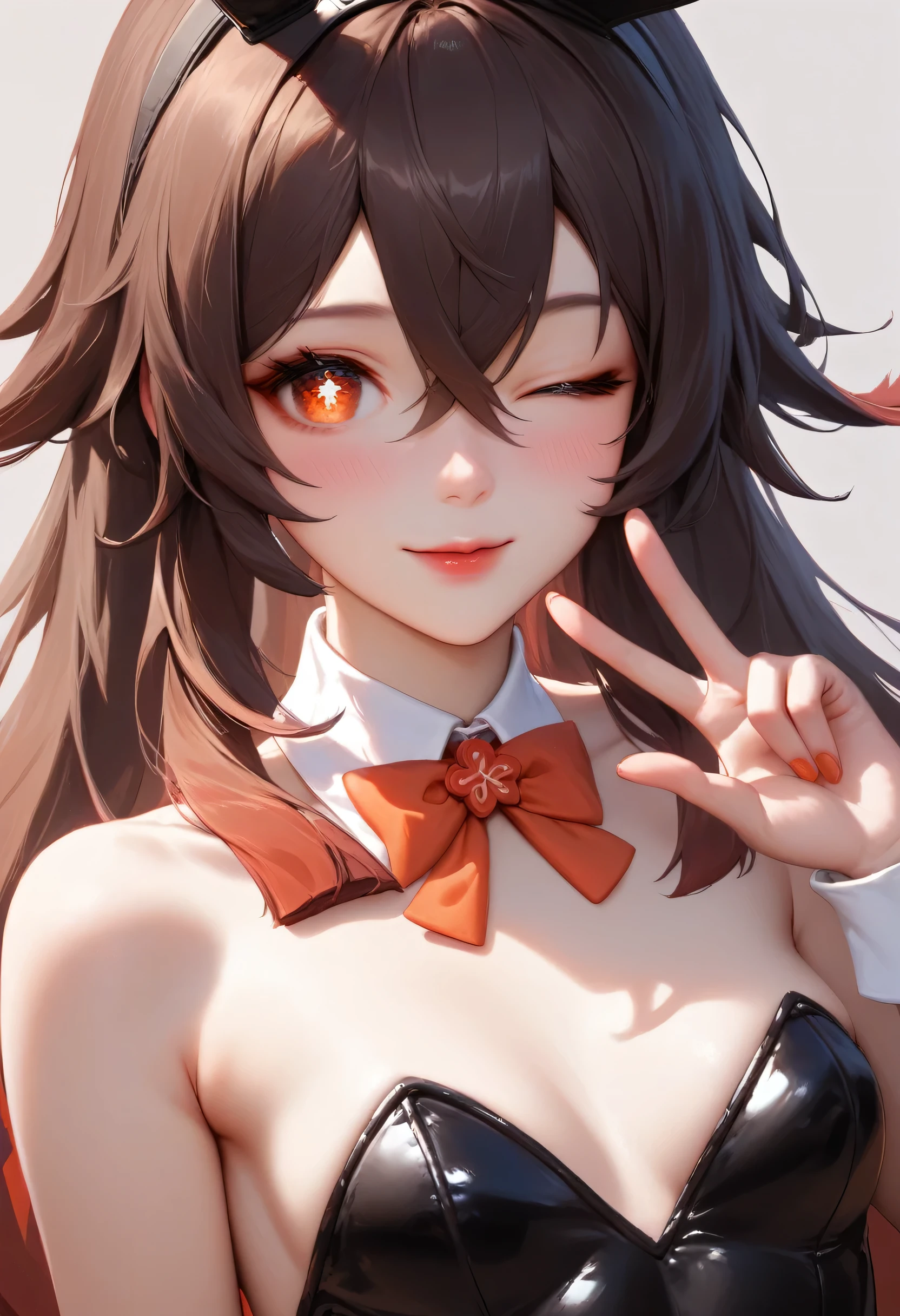 score_9, score_8_up, score_7_up,source_anime, high res image,masterpiece,best quality,girl,cute face,clear skin,hutao_genshin,bunny suit,bust close up,small breast,wink,peace fingers,