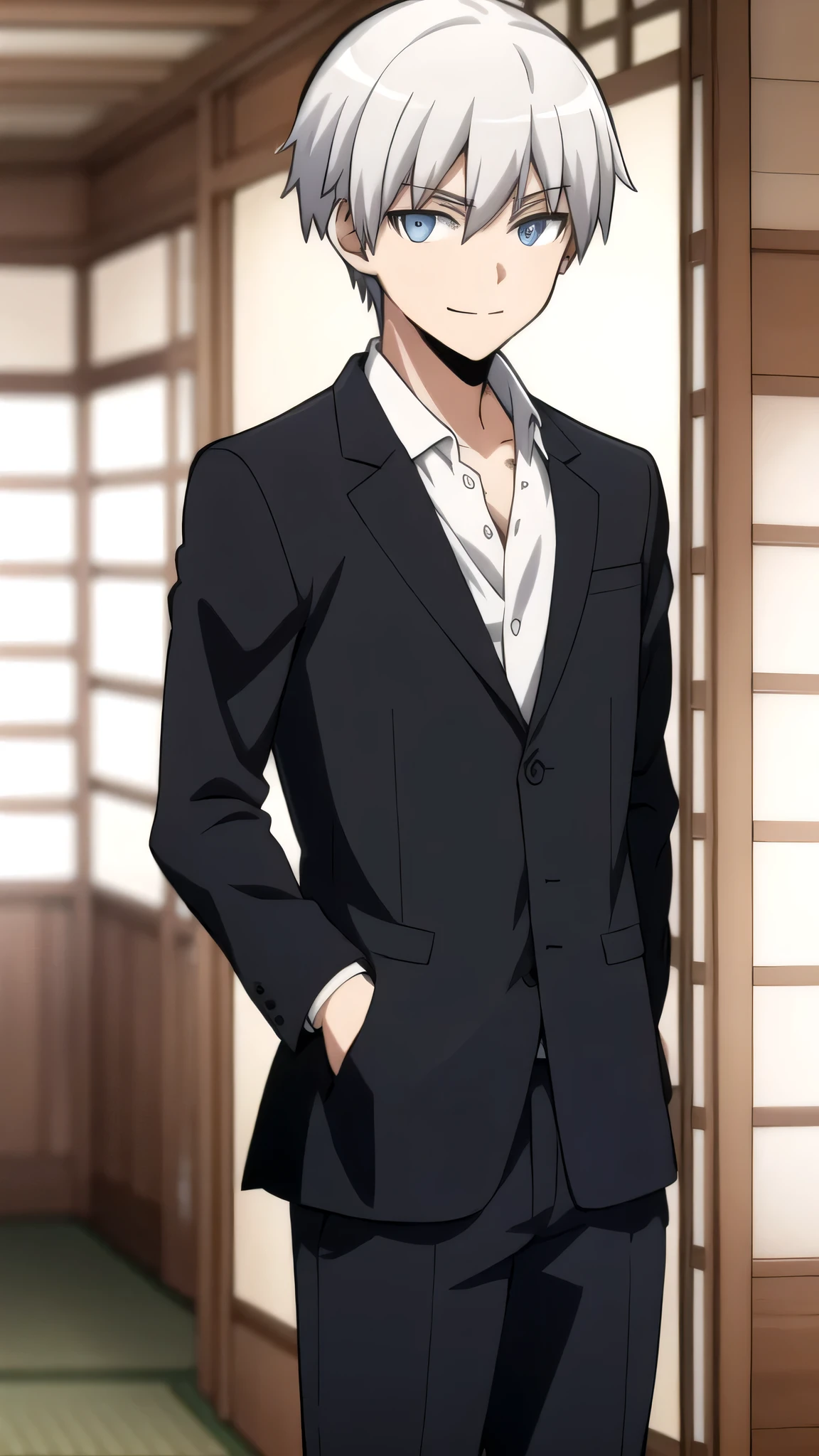 ultra high res, best quality, masterpiece, 1boy, KarmaAkabaneR4,Silver hair,Blue eyes, blurry, , depth_of_field, eyebrows_visible_through_hair, indoors, Blazer, shirt, jeans pants, looking_at_viewer, _focus, , shouji, sliding_doors, smile, solo, tatami, upper_body