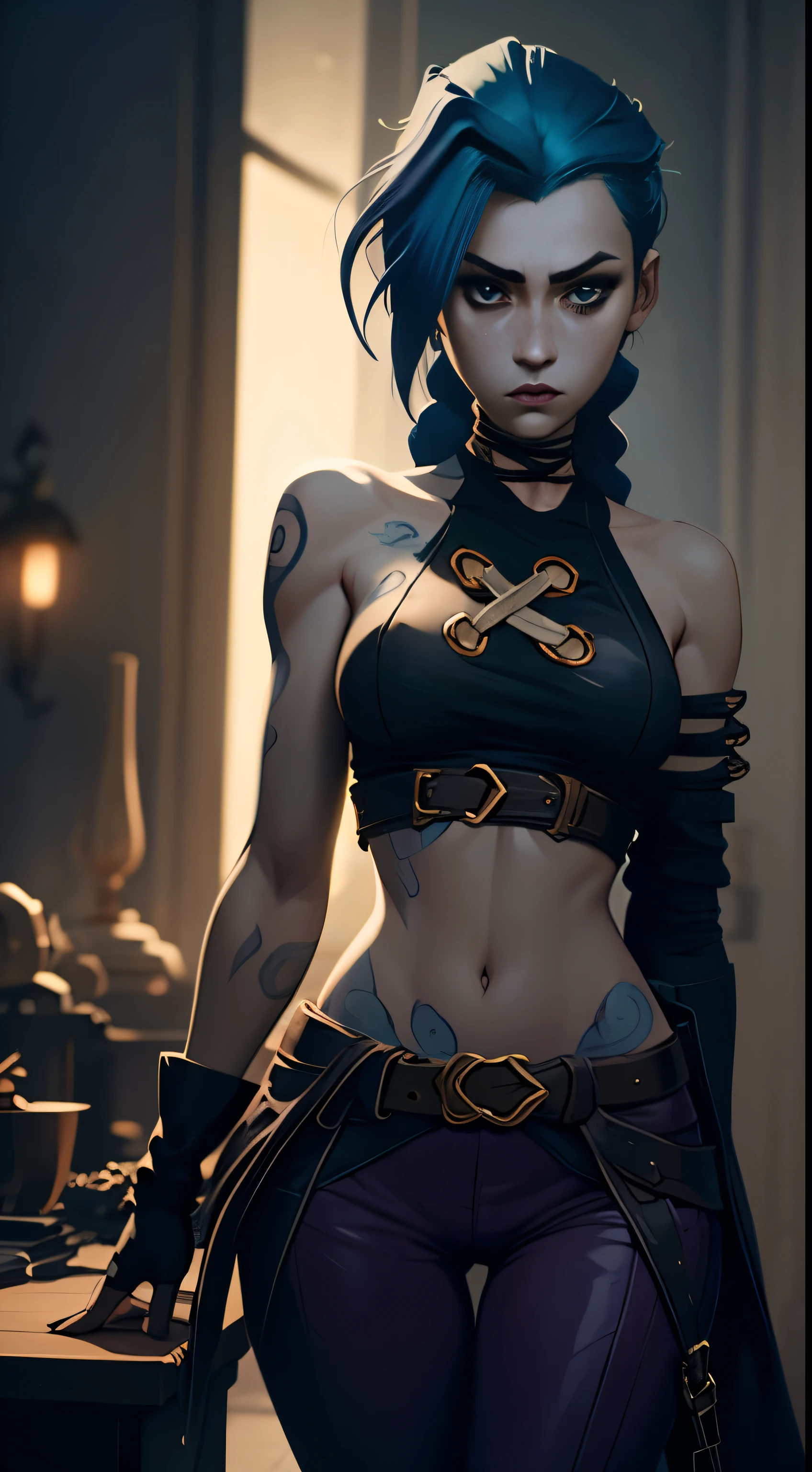 Arcane style, League in the style of Lagenda, Arcane's Jinx (Jinx'Secret character design), Very detailed. I'I'I'I'm standing in a burnt out room,, gloomy composition, The Gloomy Room, luminescent paint on the walls, drawings on the walls, gloomy atmosphere, glowing pink eyes (highly detailed glowing pink eyes, pink pupils 1.1), Pink pupils, very detailed eyes, Beautiful figure, a 1girl, facing the viewer, Beautiful figure (Proper Anatopy 1.1.), in full height (Body Full 1.1), Slender figure, shapely legs, Blue hair, hairlong, Skinny black pants, Skinny black leather pants, Very detailed face, Very beautiful face, Very sexy ass, in full height (Body Full 1.1), small elastic breasts, Little ass, Beautiful slim figure, small buttocks, black tight suit, tmasterpiece,beste-Qualit,higly detailed,Visible to the feet, 8K resolution, High Sharp, higly detailed,a perfect face, detailed face and body, expressive look, elastic small breasts, Heightened sexuality,