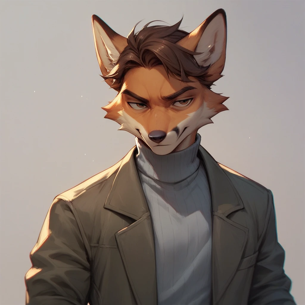 LainiaLain, anthropomorphic male fox with brown hair wears grey turtleneck.
