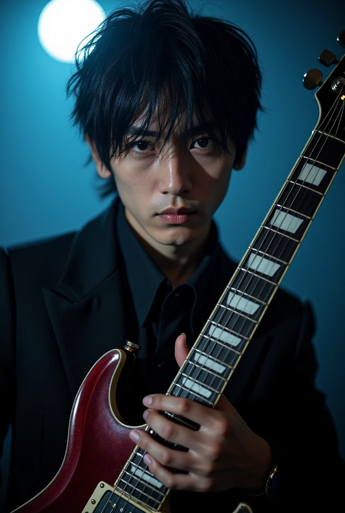 TOKYO HOTEL LOOKS AT THE CAMERA AND HAS A GUITAR ON HIS HANDS