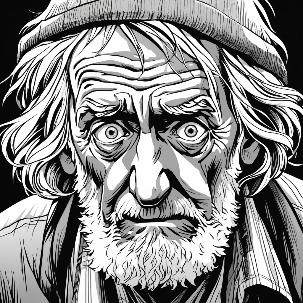 Black and white image, face of a scared old homeless man with an uneasy expression