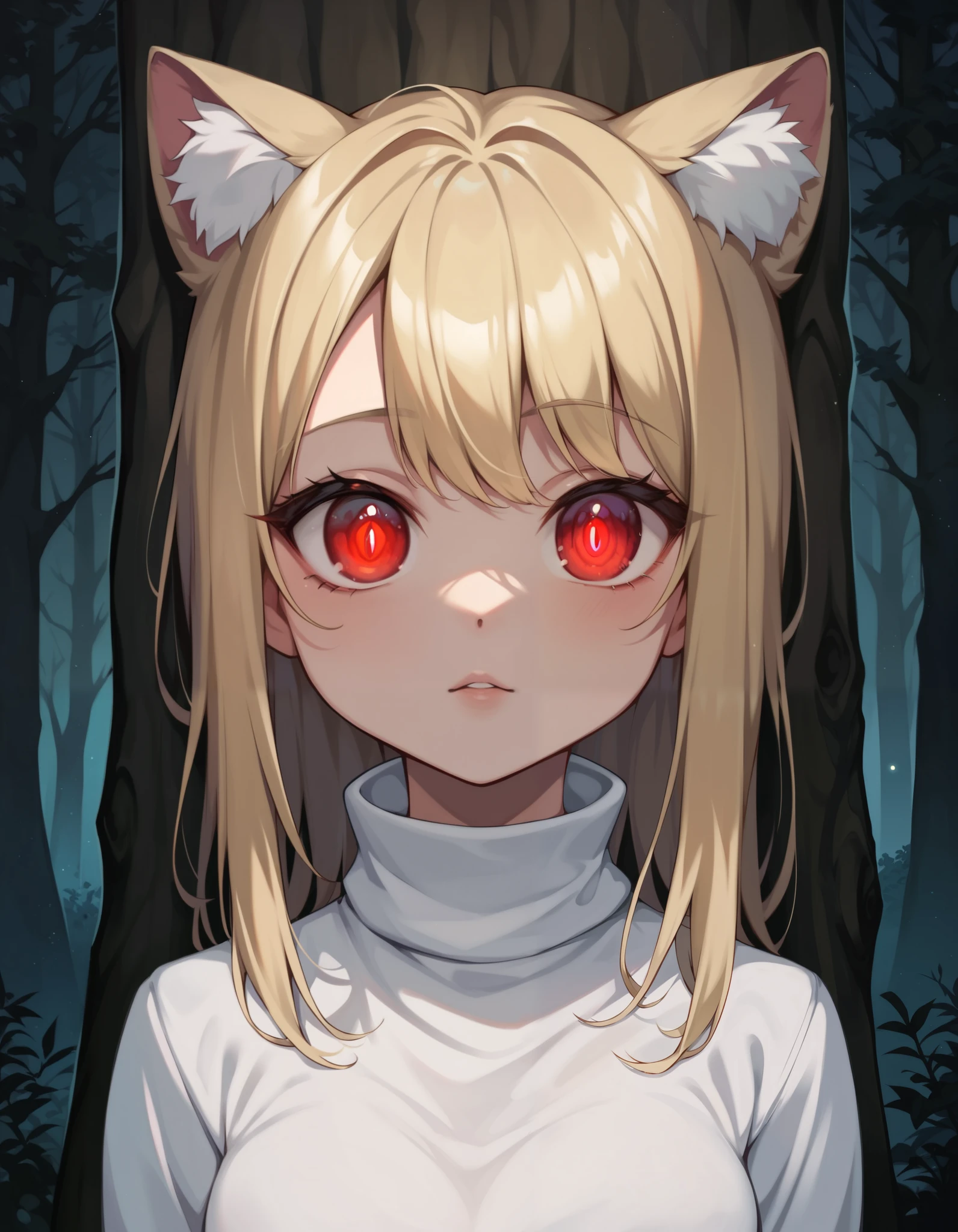 score_9, score_8_up, score_7_up, solo, peeking out, upper body, hiding behind tree, night, horror \(theme\), forest, necoarc, glowing eyes, cat ears, blonde hair, red eyes, chibi, :3, white shirt, turtleneck, looking at viewer