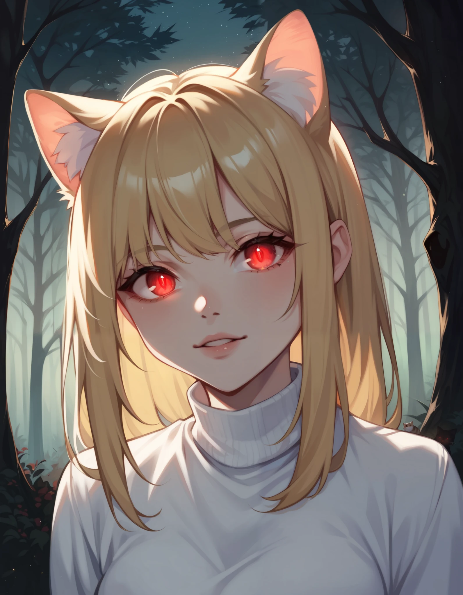 score_9, score_8_up, score_7_up, solo, peeking out, upper body, hiding behind tree, night, horror \(theme\), forest, necoarc, glowing eyes, cat ears, blonde hair, red eyes, chibi, :3, white shirt, turtleneck, looking at viewer