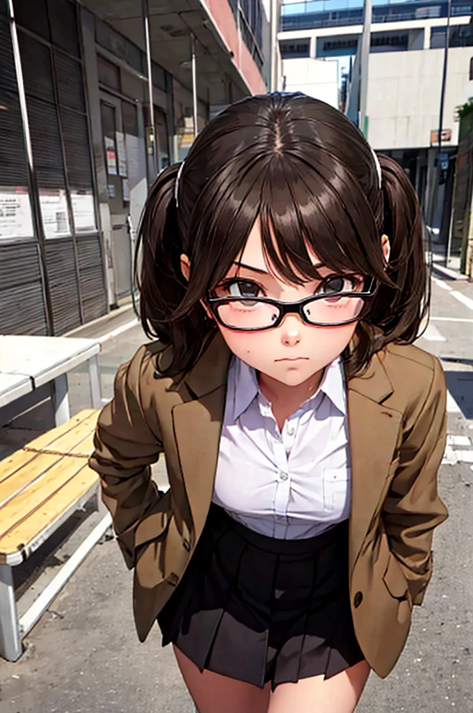 This picture shows a girl wearing glasses,  1 girl, Alone, School, 