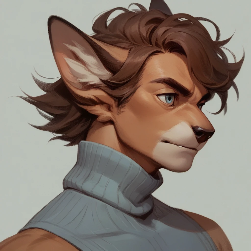 LainiaLain, anthropomorphic male fox with brown hair wears grey turtleneck.
