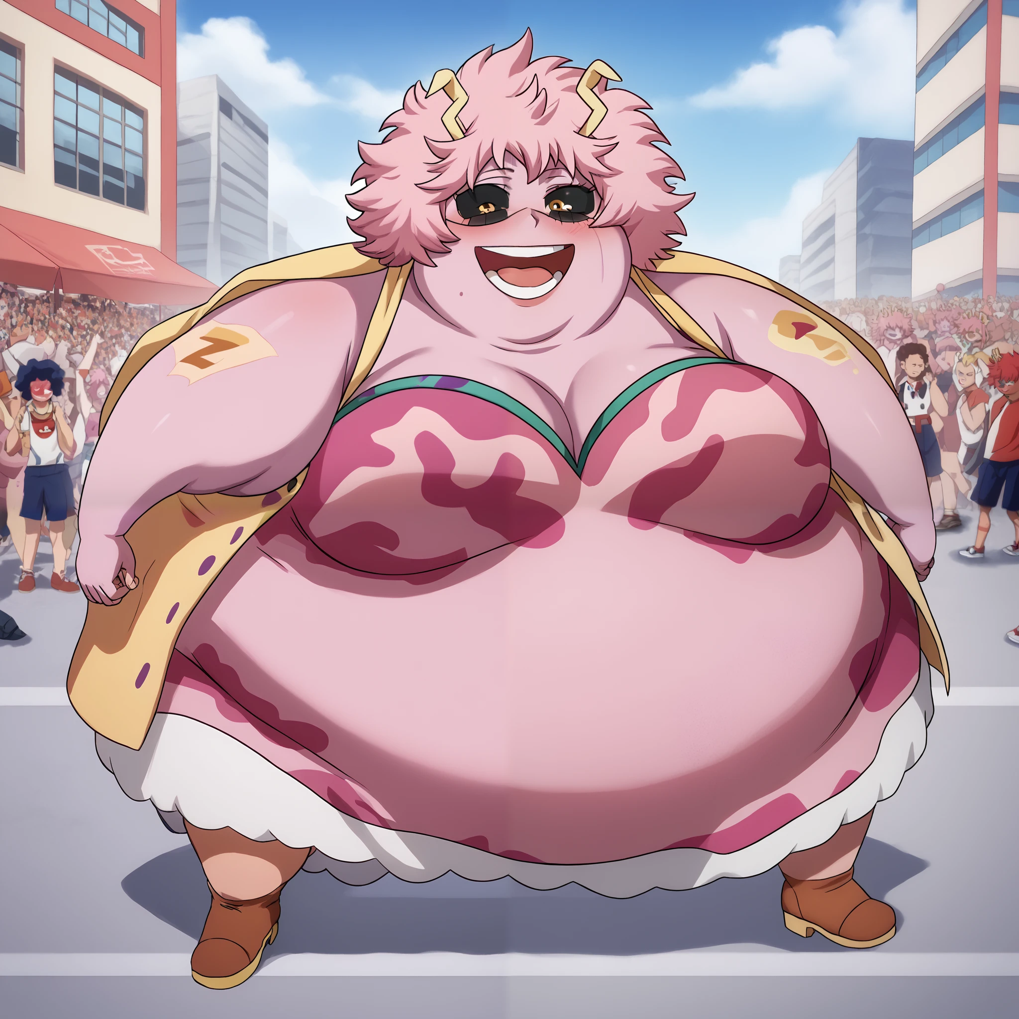 masterpiece,  best quality, High image quality, high res, Mina Ashido,  My Hero Academia ,  1 girl, smile, alone, day,  Real Shadow, A little blush,  medium breasts, Pink Hair,  pink skin , (Black sclera:1), (Iiris  :1),  clavicle ,  hero costume, (  PLAIN WHITE MASK  , Covered my eyes), ( Skin Perfect Bodysuit  ,  camouflage purple and turquoise ),  Strapless ,  sleeveless, (  sleeveless waistcoat, sunburn, Collared Fur ), Expose your arms,  bare shoulders ,  brown boots , whole body, Outdoor, Streetscape, Crowded,  COWBOY SHOOTING 、zzz cup, ,large breasts,Big Breasts, Indecent body,Fat  mature woman ,, erotic manga style body、  mature woman fat, chubby, obese, gigantic arms and legs, large breasts open mouth, out of breath
