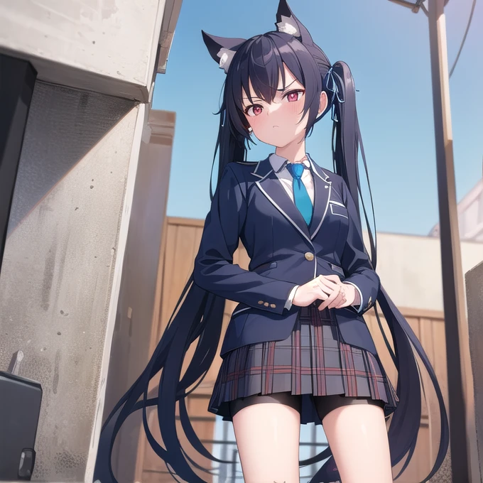 (masterpiece,best quality,ultra detailed,high resolution,game cg),baserika, 1 girl,solo,twintails, long hair, hair ribbon, red eyes,collared shirt, blue necktie, blazer, plaid skirt, bike shorts, sneakers, from below,looking down,displeased face,blush,