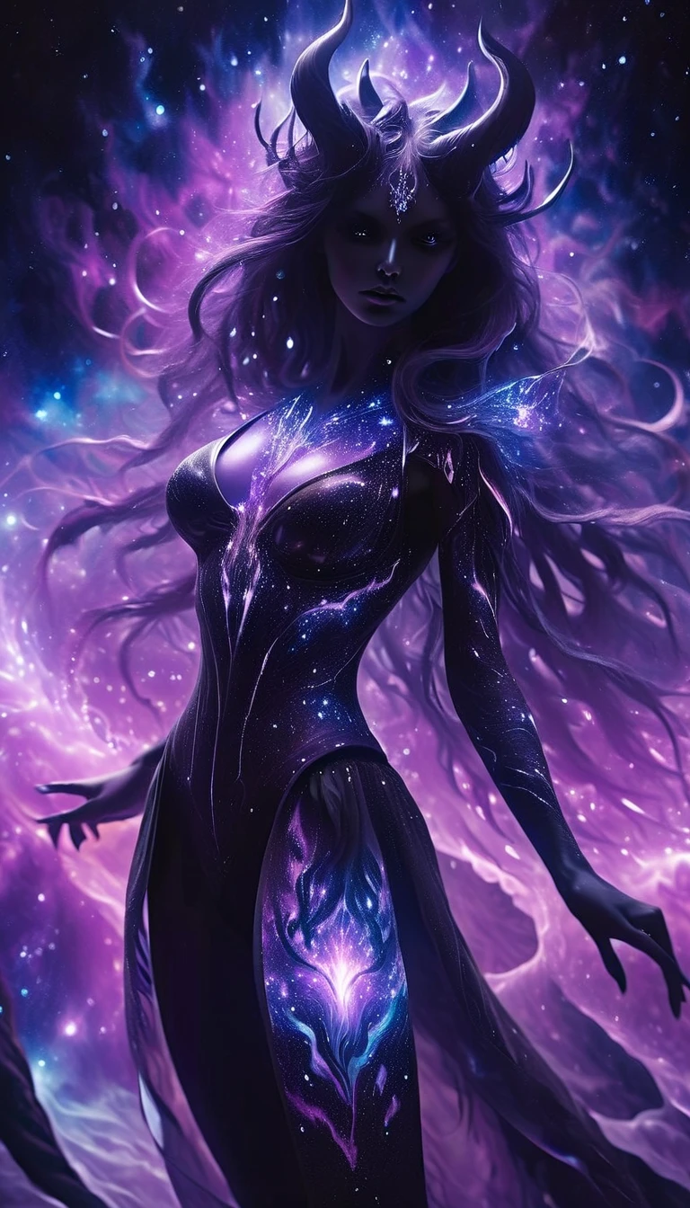 ((This is a dark masterpiece with deep shadows.)) Generate a  female dark divine being with ((pure black galaxy skin)). Her face is onyx black but still detailed and stunning. (Her face is important and has realistic shading and puffy lips). Her (opaque) eyes are luminous and shimmering in hues of purples and blues. (Her torso is important). This image is compelling with dynamic composition and energetic posing. Include many fantasy details such as bumps, phantasmal iridescence, glitter, galaxy, cosmos, ((dark celestialskin body, void cosmic body)), (((dark background))), (((lights off))), (((hollywood dark))), horror, dramatic shadows, (in a dark fantasy space:1.3, glitter, sparkle, gleam), female torso
