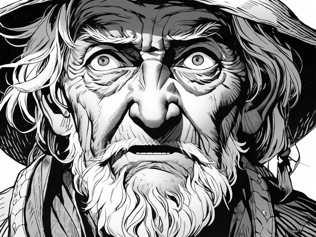 Black and white image, face of a scared old vagabond, with his mouth slightly open