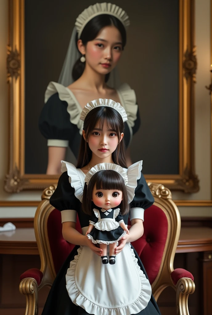 ultra-realistic, photorealistic, dramatic scene, shadow, global-illumination, (teenage Japanese girl:1.5), very beautiful fragile Japanese girl but young mother, very beautiful with very cute face, dynamic angle, detailed face skin texture, detailed face with mole, full body, single mother, She is holding a giant figure of extremely detailed realistic chibi-anime-girl of herself, the figure is wearing a same costume with her, (modern maid:1.2), (wearing a cute colored maid outfits with frills:1.2), at the gorgeous antique decorated room in the European castle, gorgeous antique chair, very large extremely realistic oil painting of her selfportrait is on the wall