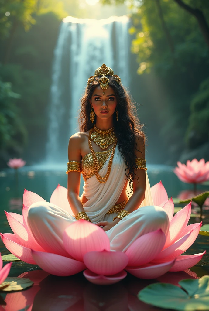 Beautiful 16 year old princess sitting on a lotus,Wearing a delicate gold crown,beautiful countenance,Pinch the flower stem with one hand,The other palm is facing outward,Light brown dress,Barefoot on both feet,Such as out of the water hibiscus,The corners of the mouth are slightly upturned,Look at the camera with a gentle expression,Gorgeous and noble costumes,8k wallpaper,Amazing Cleavage,tmasterpiece,indian goddess of wealth,Venerable goddess,Beautiful dream world,