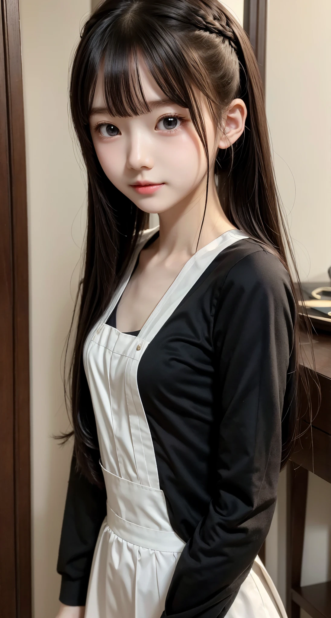 Maid,cute pretty girl,masterpiece,high definition,4k,8k,16k,odango hairstyle,black hair,slender body