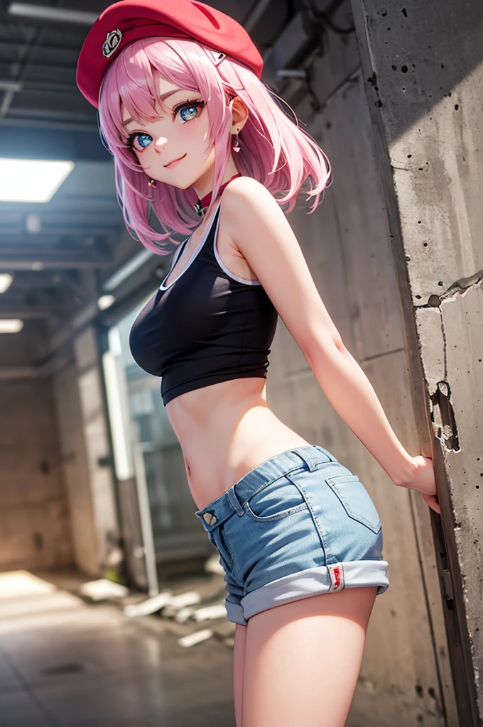 (Raw quality:1.4)、masterpiece, Highest quality, 1 Girl, solo, Crop top, (Extreme Low Rise Denim Shorts), (You can see that the raw skin 20 cm below the navel is exposed 20 cm:1.4), Little pubic hair, choker, (graffiti:1.5), Paint Splatter, Arms behind back, Hitting a wall, View your viewers, Thigh bandana, Body Paint, Head tilt, boredom, Colorful hair, Aqua Eye, headphone,