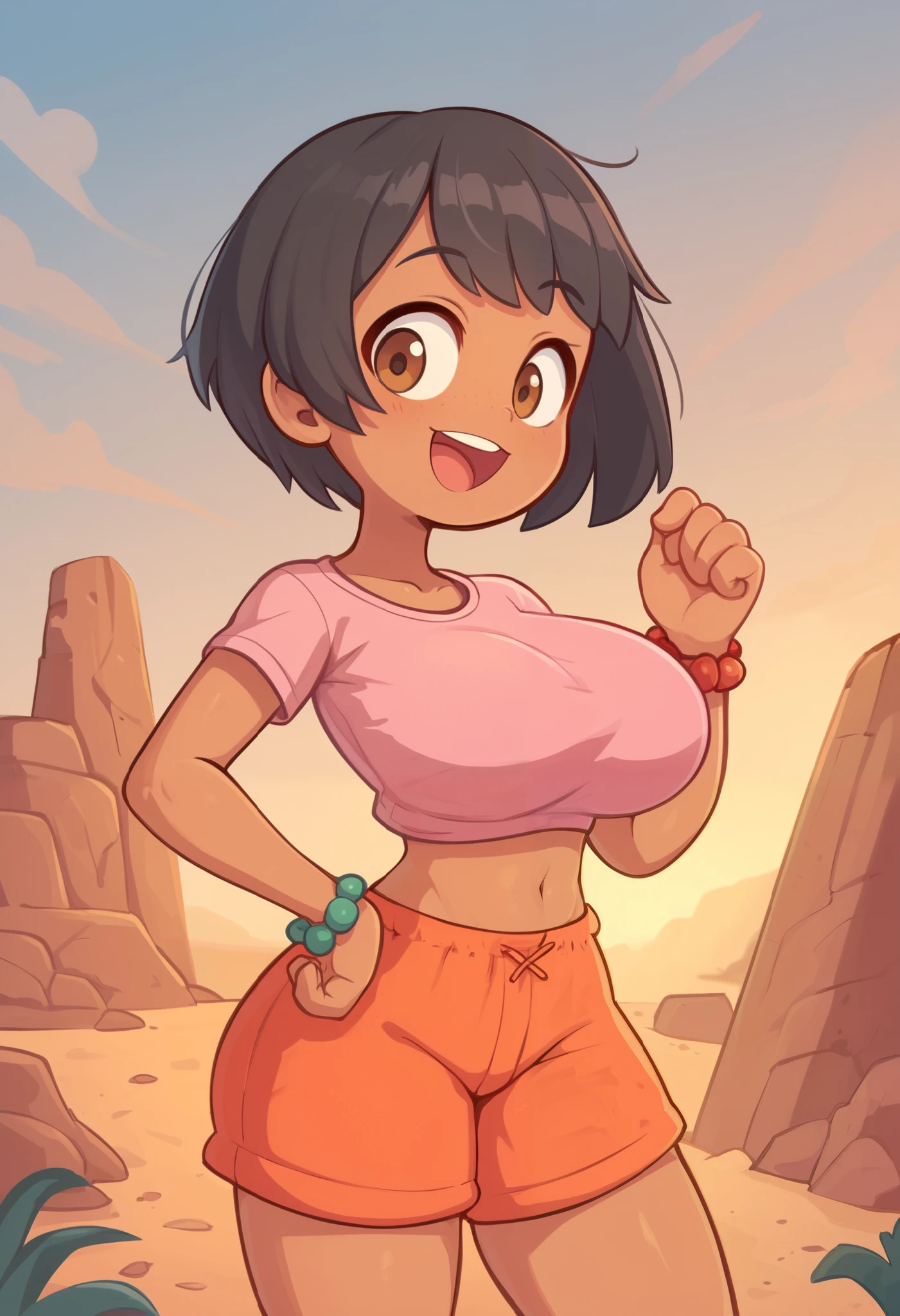 Young ager, (solo 0.6), black hair, bob cut hair, puffy hair, big hair, bangs, dark tan skin, Latina girl, brown eyes, desert ruins, sunset, pink t shirt, orange shorts, bead bracelet, open mouth smile, huge breasts, bare midriff, slender body, thin waist, cute,