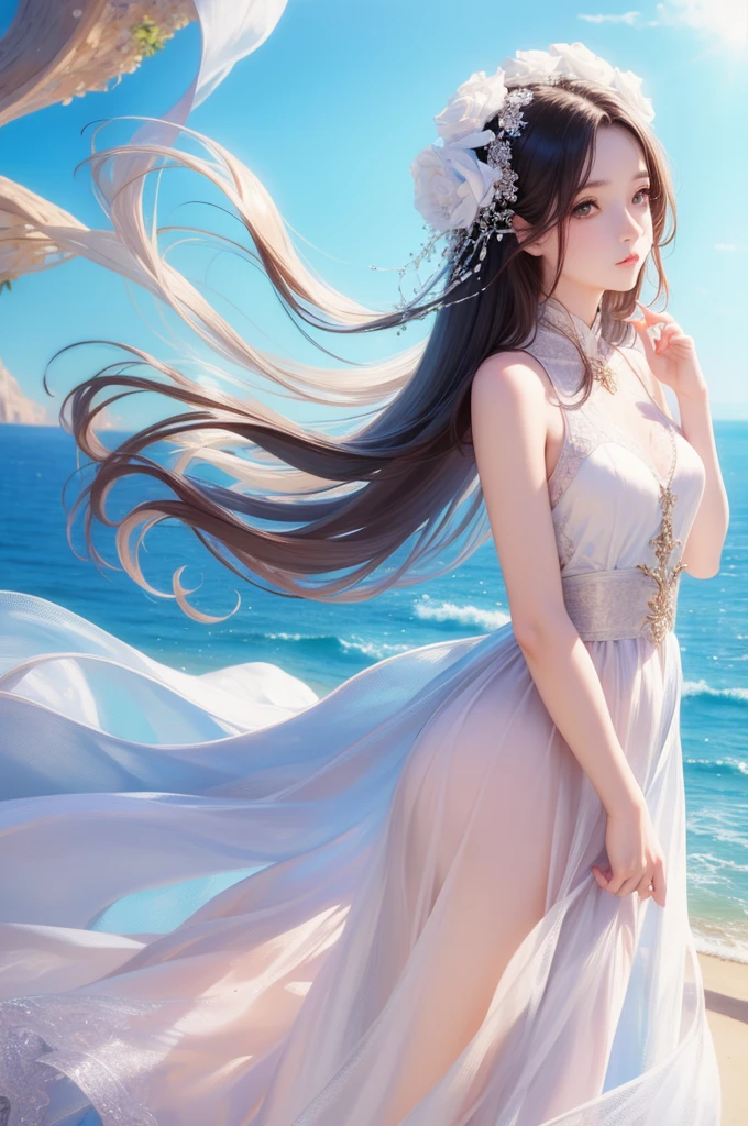 Long-haired anime girl standing on beach，Flowers in the hair, Guviz-style artwork, Guviz, loli in dress, Anime girl with long hair, Guweiz in Pixiv ArtStation, Beautiful anime girl, Loish et WLOP, Guweiz on ArtStation Pixiv, Beautiful anime style