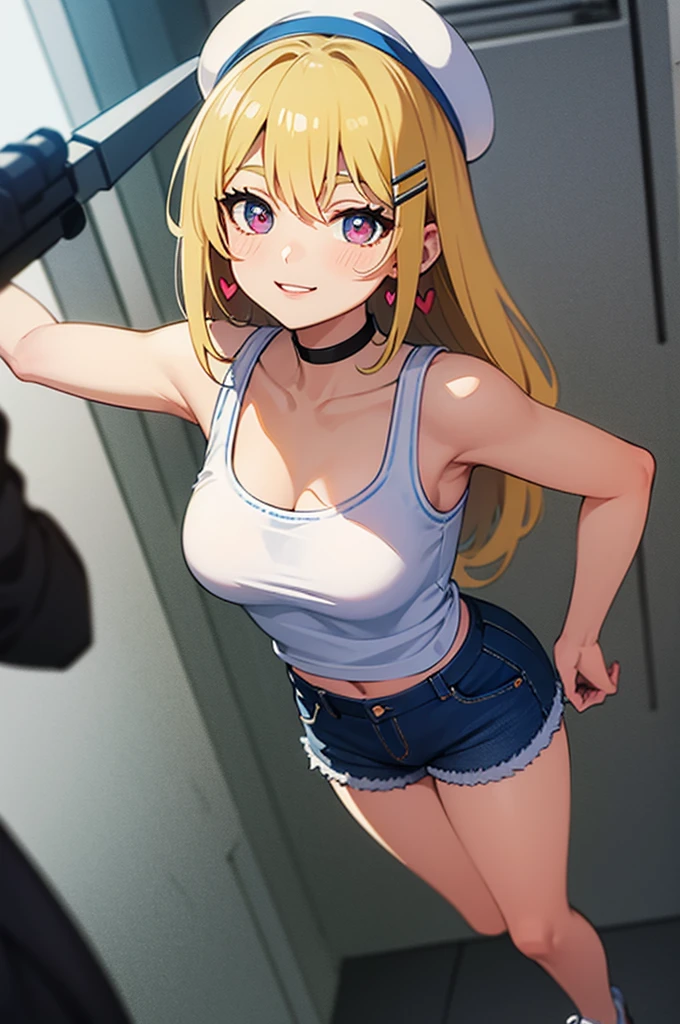 A beautiful girl standing on her hip in an abandoned factory at night, anime girl, sexy girl, white tank top, big rounds breasts, pink shorts, white sneakers, shapely thighs, beautiful legs, slim waist, hairclip, heart choker, blue cap, glowing eyes, pupils sparkling, longeyelashes, cross earrings, smile, blush, happy, glossy lips, sly face, Surrealism, high detail, anime, anime CG style, modern, depth of field, cinematic lighting, dithering, image fill, first-person view, wide shot, perspective, Wide-Angle, f/1.8, 85mm, Nikon, 8k, super detail, UHD, retina, masterpiece, accurate, anatomically correct, textured skin, high details, best quality, highres, 16k