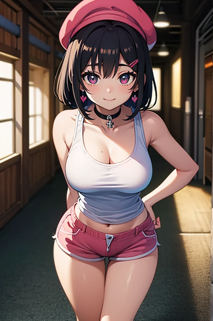 A beautiful girl standing on her hip in an abandoned factory at night, anime girl, sexy girl, white tank top, big rounds breasts, pink shorts, white sneakers, shapely thighs, beautiful legs, slim waist, hairclip, heart choker, blue cap, glowing eyes, pupils sparkling, longeyelashes, cross earrings, smile, blush, happy, glossy lips, sly face, Surrealism, high detail, anime, anime CG style, modern, depth of field, cinematic lighting, dithering, image fill, first-person view, wide shot, perspective, Wide-Angle, f/1.8, 85mm, Nikon, 8k, super detail, UHD, retina, masterpiece, accurate, anatomically correct, textured skin, high details, best quality, highres, 16k