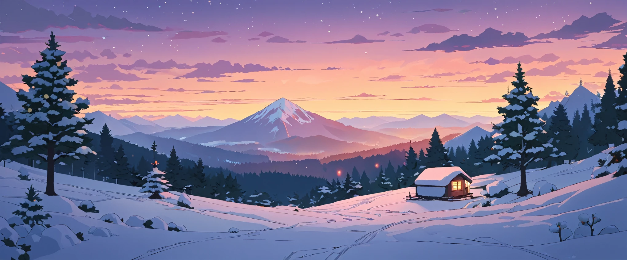 Christmas vibes ultrawide ,cozy ,lofi ,landscape ,forest ,mountain