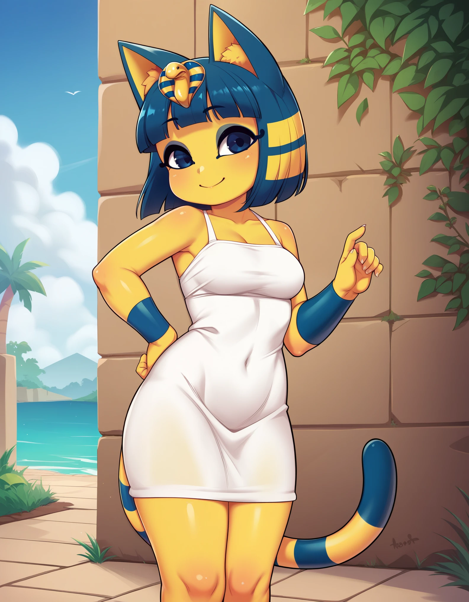 [isaCrossing], [Isabelle; Animal Crossing], [Uploaded to e621.net; (Pixelsketcher)], kemono, dagasi, solo female ankha \(animal crossing\) with ((tiny and short body with yellow fur)), ((cute body)), (full body), (blue hair), (blue eyes), (half closed eyes), (yellow and blue striped cat tail), ((anthro furry)), ((wearing a cute short white dress:1.4)), (exposed vagina), (egyptian necklace), ((small breasts)), (detailed fluffy fur), (behind view), (viewed from behind), (viewed from below), (ass focus), (standing), (bending over), (seductive pose), (relaxed expression), (detailed background, egyptian palace background, indoors, depth of field, half body shadow, ambient light on the body), (intricate:1), (high detail:1.3), (unreal engine:1.2), (soft focus:1.15), [explicit content, questionable content], (masterpiece, best quality, 4k, 2k, shaded, absurd res)