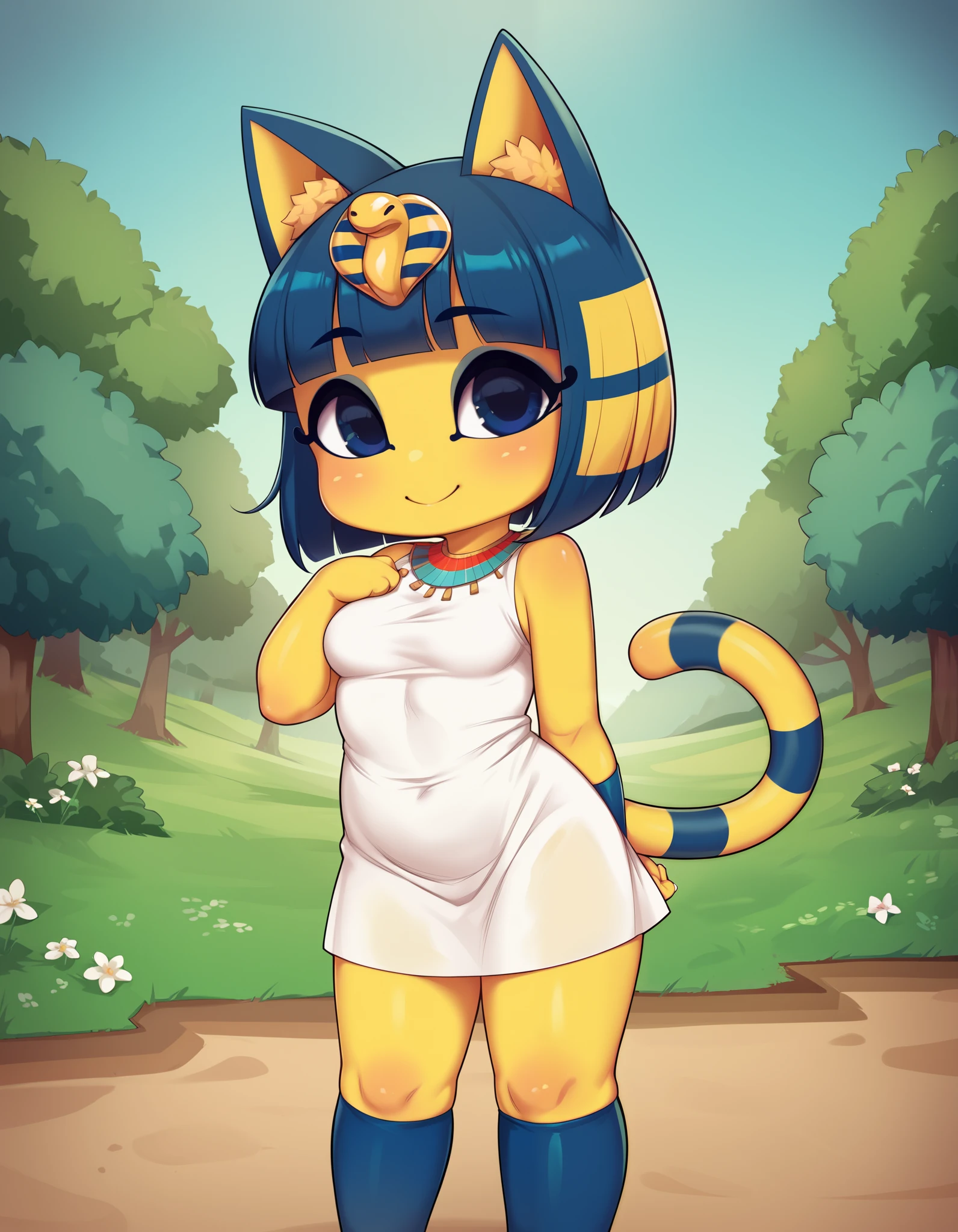 score_9, score_8_up, score_7_up, source_anime, rating_safe, best quality, masterpiece,  
BREAK
ankha (animal crossing), 1girl, ;3, animal ears, standing, looking at viewer, blue eyes, blue hair, cat ears, cat tail, closed mouth, colored skin, female focus, looking at viewer, outdoors, short hair, medium breasts, smile, solo, standing, tail, thighs, yellow skin, white dress, female focus, outdoors
