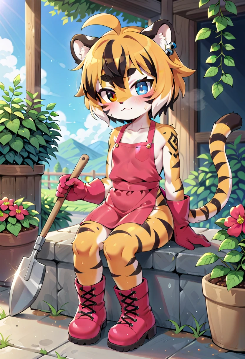 masterpiece, high resolution, best quality, (furry tiger girl, baby body, baby height, flat chest, animal face, animal skin, animal fur, tiger ears, tiger tail), heterochromia, multicolored hair, short hair, piercing, makeup, tattoo, warmbandana, dress, apron, rubber gloves, rubber boots, gardener's shovel, sitting, planting flowers, heat, dirty, flower garden