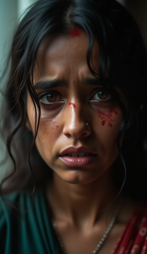 girl in bondage, handcuffs, chains, saree, detailed face, beautiful eyes, detailed lips, detailed nose, intricate saree patterns, cinematic lighting, dark moody atmosphere, dramatic shadows, chiaroscuro lighting, hyper realistic, photorealistic, 8k, detailed textures, dramatic pose, cinematic composition, moody colors, rich colors, dark tones