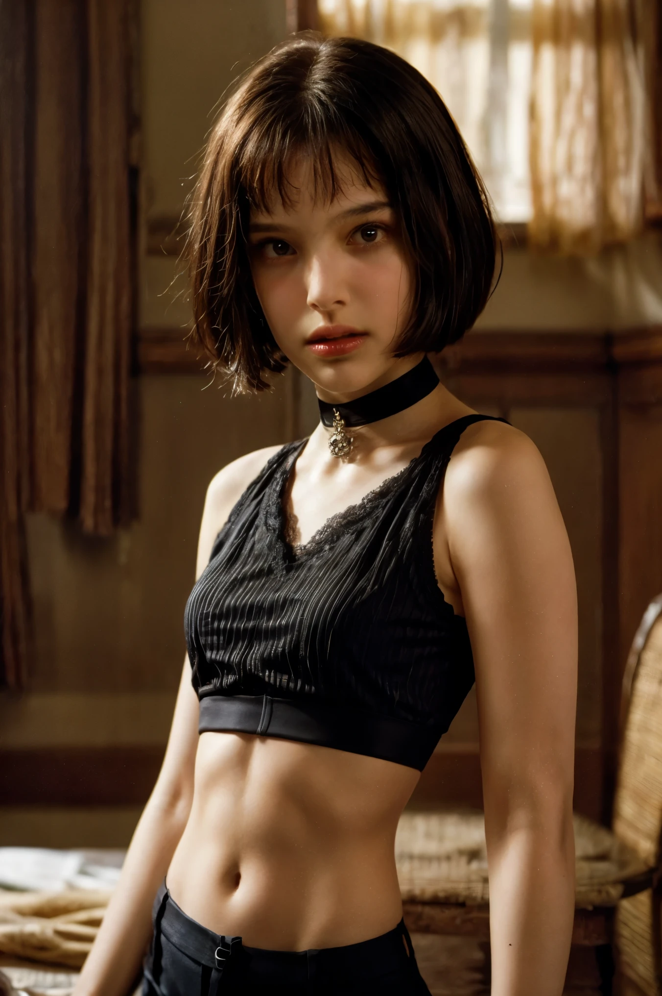 (nsfw:-2),(realistic, photo-realistic:1.4), (masterpiece, best quality:1.2), RAW photo, high resolution, intricate details, extremely detailed, sharp focus, cinematic lighting, portrait, (bust shot, midriff:1.5), frontal photography, solo, 1girl, a yo Israeli woman, dark hair, (short bob cut with short bangs), (detailed face, beautiful detailed eyes, sophisticated nose), pale skin, collarbone, (tiny breasts, flat chest), (choker, jewelry, revealing black lingerie, tiny bra, tiny thong, thin strap, sleeveless), photo background, indoors,,,[Natalie Portman]