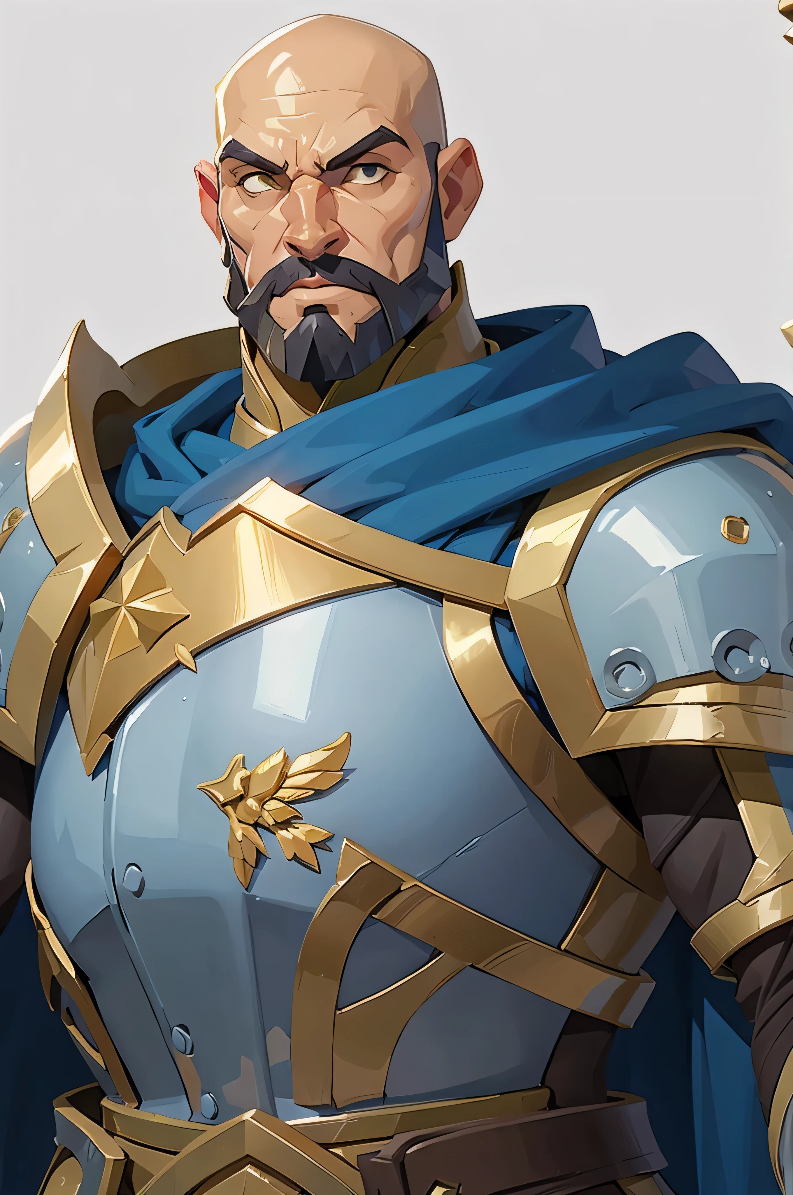 mstoarte , European and American cartoons, game character design , Alone, 1 man, , Clean face, gray background, paladin, silver armor, Blue cape, holding an axe and a shield , full body , standing, paladin armor, no hair, CALVO, big black beard , paladin de RPG de fantasiao, (((detailed))), ((( High resolution ))),(((golden armor)))