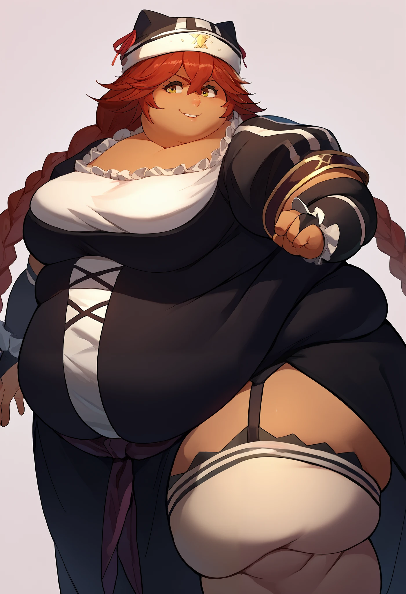 score_9, score_8_up, score_7_up, source_anime, solo, 1girl, lupusregina beta, dark skin, smirk, looking at viewer, twin braids, hat, frills, black dress, short sleeves, bridal gauntlets, white thighhighs, garter straps, fat, Chubby, obese 