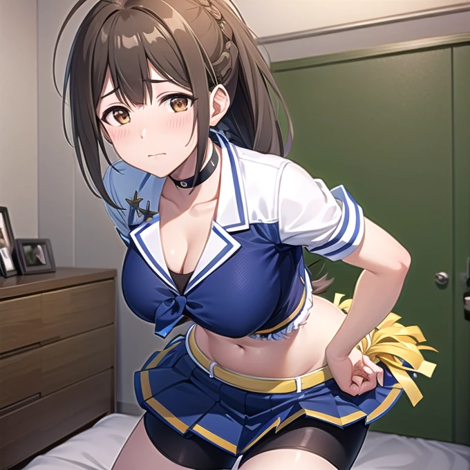 (masterpiece, best quality,high resolution,ultra detailed,game cg), kuwayama chiyuki,ahoge,single braid,blue cheerleader uniform,cleavage, ponytail, bike shorts, shorts under skirt, choker, midriff,shy face,blush,bedroom,indoor,